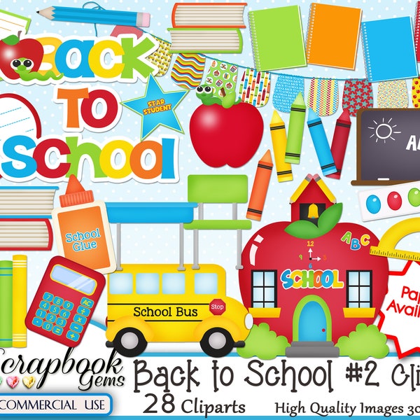 BACK TO SCHOOL #2 Clipart, 28  png Clipart files, Instant Download, commercial use, textbook, school bus, calculator, glue, chalkboard apple