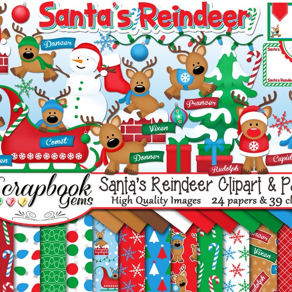 SANTA'S REINDEER Clipart and Papers Kit, 39 png Clip Arts, 24 jpeg Papers Instant Download snowman reindeer sleigh fireplace winter chimney