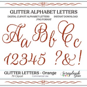 Oranje glitterletters en cijfers digitale clipart, 79 hoge kwaliteit png-bestanden, direct downloaden