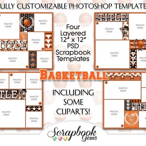 Four 12" x 12" BASKETBALL Digital Scrapbook Layered Photo Templates, PSD Format digiscrap sports photoshop customizable editable collage