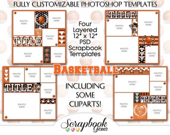 Four 12" x 12" BASKETBALL Digital Scrapbook Layered Photo Templates, PSD Format digiscrap sports photoshop customizable editable collage