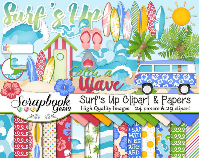 SURF#39;S UP Clipart and Papers Kit, 29 png Clip arts, 24 jpeg SURF#39;S UP Clipart and Papers Kit, 29 png Clip arts, 24 jpeg