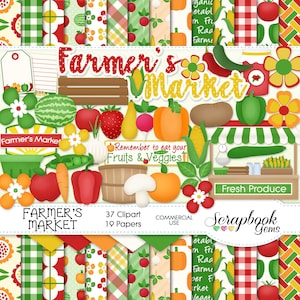 Kit de imágenes prediseñadas y documentos del MERCADO DEL AGRICULTOR, 37 imágenes prediseñadas en formato png, 19 documentos en formato jpeg, descarga instantánea de productos agrícolas, verduras, frutas, tomates, pimientos y manzanas