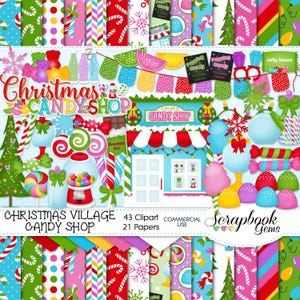 CHRISTMAS CANDY SHOP Clipart & Papers Kit, 43 png-clipartbestanden, 21 jpeg-papierbestanden, Instant Download, munt, gumdrop, chocolade, sneeuwvlok