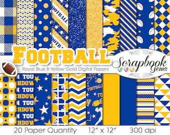 Football Digital Papers Royal Blue & Yellow, 20 Pieces, 12" x 12", High Quality JPEG files, Instant Download Commercial Use Sports rugby