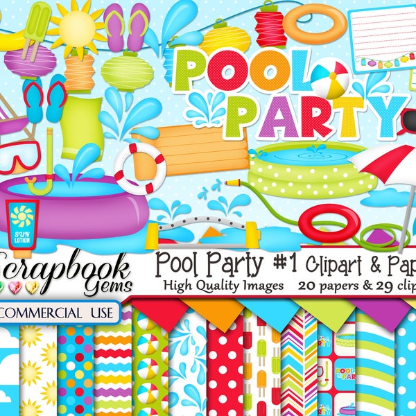 POOL PARTY (Kit #1) Clipart & Papers, 29 png Clipart files, 20 jpeg Paper files, Instant Download swimming pool swim water inner tube hose