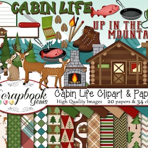 CABIN LIFE Clipart & Papers Kit, 34 png Clip arts, 20 jpeg Papers Instant Download campeggio pesca caccia montagne cervo procione lepre