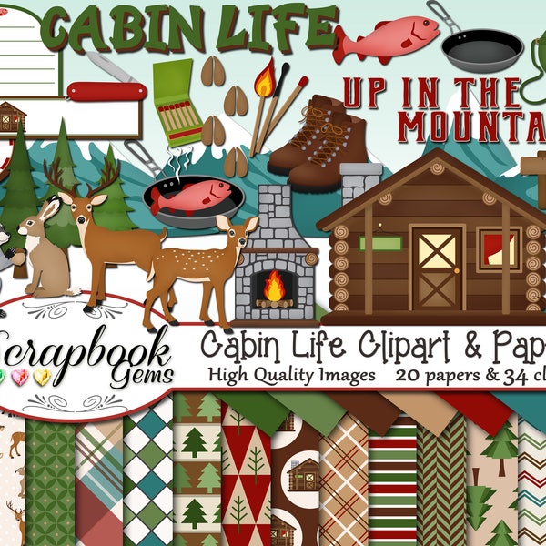 CABIN LIFE Clipart & Papers Kit, 34 png Clip arts, 20 jpeg Papers Instant Download camping fishing hunting mountains deer buck raccoon hare