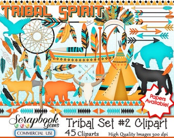 TRIBAL SET #3 Clipart, 45 png Clipart files Instant Download indian tribal aztec teepee feathers buffalo tomahawk coyote bow arrow native