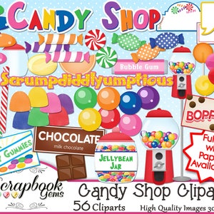 Op de afbeelding: Een kleurrijke digitale clipartset met 56 afbeeldingen van snoep, snoepgoed en snoepwinkelartikelen. De set bevat afbeeldingen van lolly's, kauwgom, jelly beans, chocolade, kleverige gummies en meer. De tekst "Candy Shop Clipart" en "56 Cliparts" is in de afbeelding opgenomen.