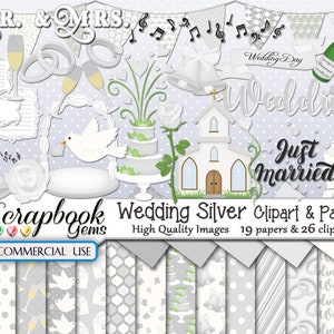 May include: A set of 26 silver wedding clipart images and 19 papers with a silver and white color scheme. The clipart includes images of a church, doves, wedding rings, champagne flutes, a wedding cake, and a banner that says "Wedding Day". The papers feature various patterns, including polka dots, stripes, and hearts.