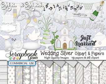 WEDDING SILVER Clipart & Papers Kit, 26 png Clipart files, 19 jpeg Paper files, Instant Download marriage cake church chapel dove love wine