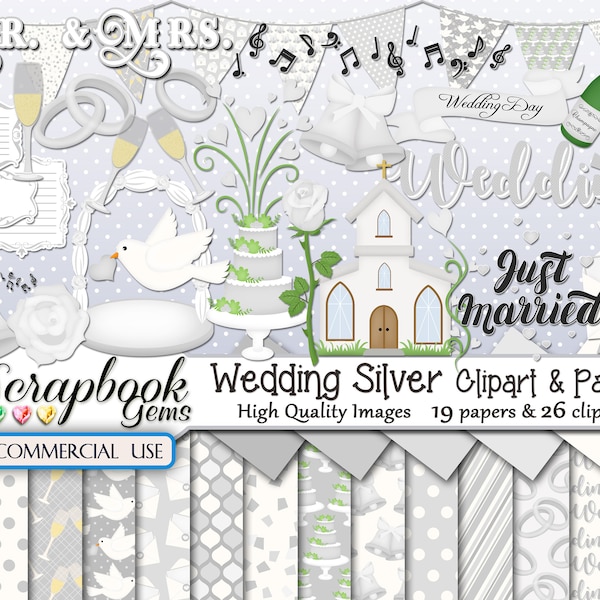 WEDDING SILVER Clipart & Papers Kit, 26 png Fichiers Clipart, 19 fichiers jpeg Papier, Instant Télécharger mariage gâteau église chapelle colombe amour vin