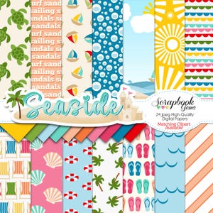 SEASIDE Digital Papers, 24 Pieces, 12&quot; x 12&quot;, High Quality JPEGs, Instant Download sandals seashell sailboat life preserver palm tree turtle