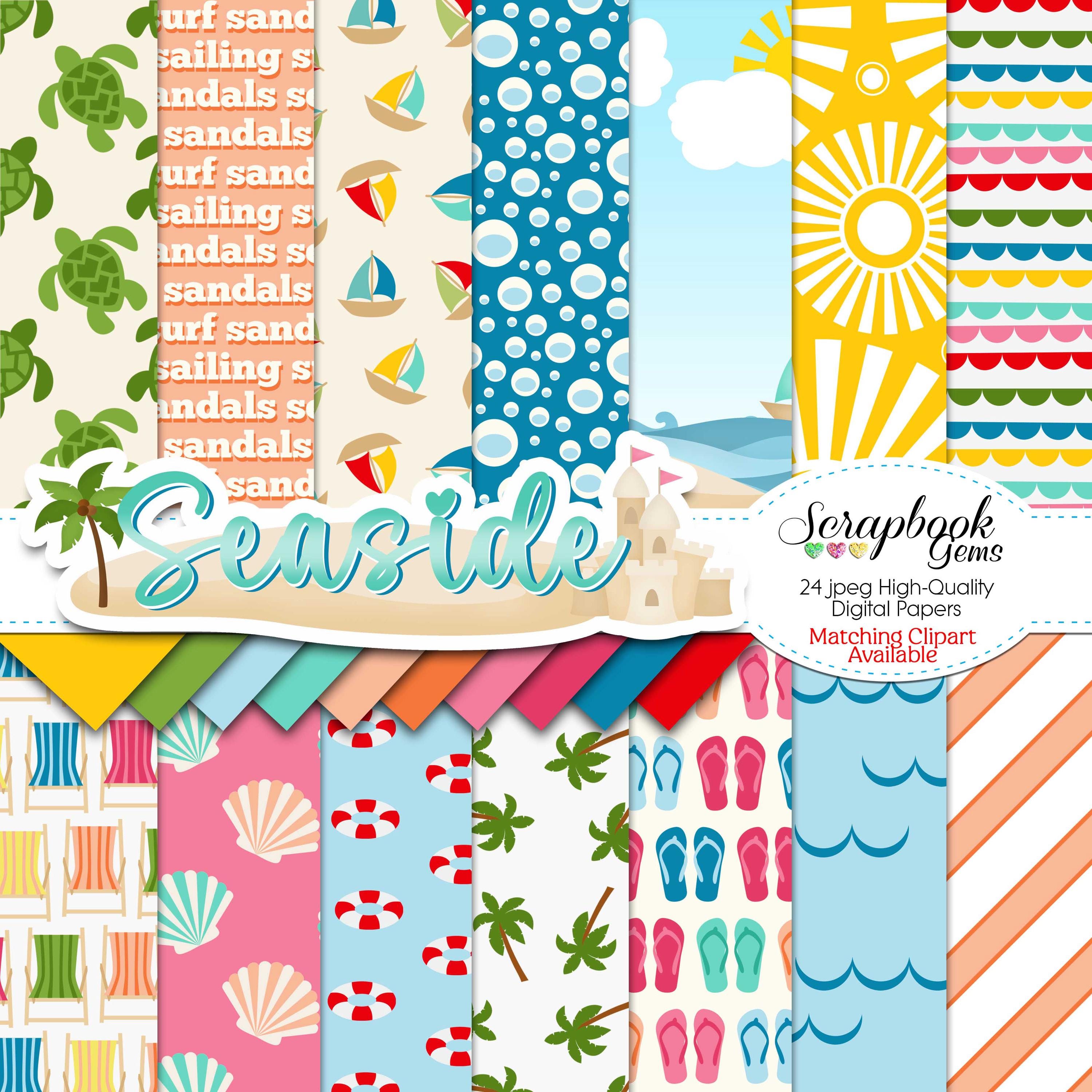 SEASIDE Digital Papers, 24 Pieces, 12" x 12", High Quality JPEGs, Instant Download sandals seashell sailboat life preserver palm tree turtle
