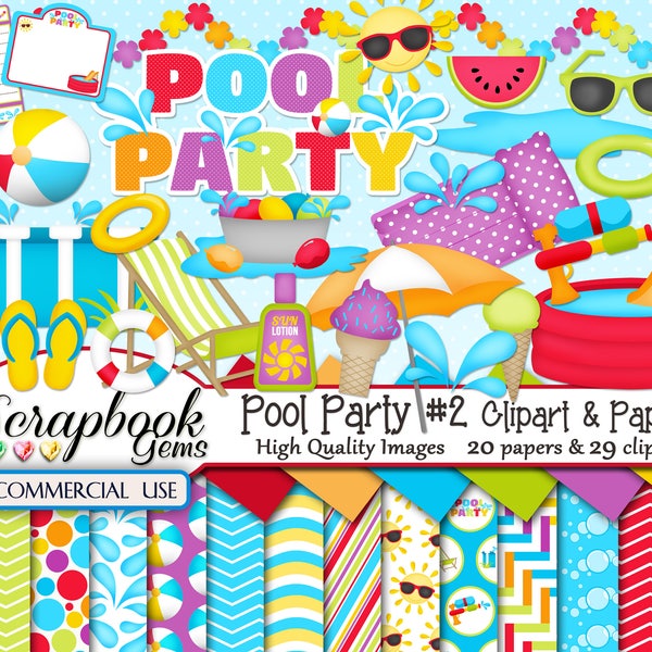 POOL PARTY (Kit #2) Clipart & Papers, 29 png Clipart files, 20 jpeg Paper files, Instant Download swimming pool swim water balloons gun soak