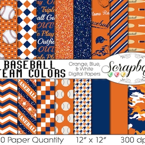 Baseball Digital Papers Orange & Navy, 20 Pieces, 12&quot; x 12&quot;, High Quality JPEG files, Instant Download Commercial Use Sports Glitter