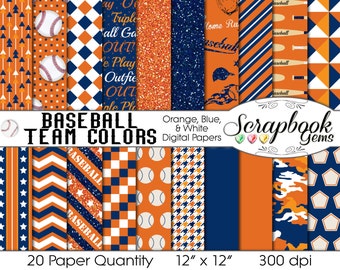 Baseball Digital Papers Orange & Navy, 20 Pieces, 12" x 12", High Quality JPEG files, Instant Download Commercial Use Sports Glitter