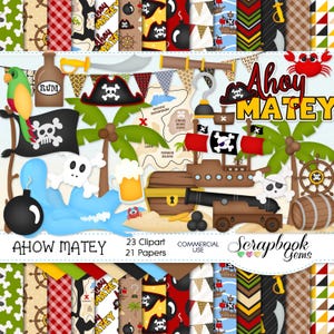 AHOY MATEY Clipart & Papiere Kit, 23 png Clipart Dateien, 21 jpeg Papier Dateien, Sofort Download Piraten, Schatz, Piraten, Schatz, Goldmünze, Papagei