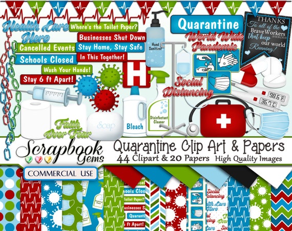 QUARANTINE Clipart & Papers Kit, 44 png Clip arts, 20 jpeg Papers Instant Download, medical, hospital, pandemic, toilet paper, mask