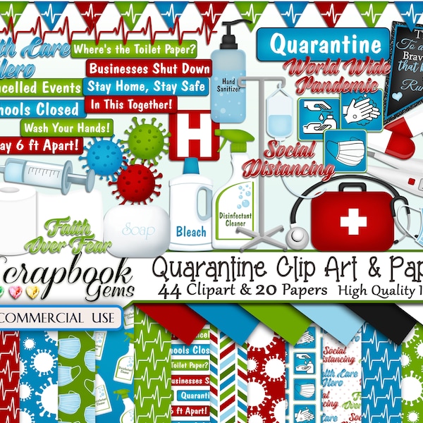 QUARANTAINE Clipart & Papers Kit, 44 png Clip arts, 20 jpeg Papers Instant Download, medisch, ziekenhuis, pandemie, toiletpapier, masker