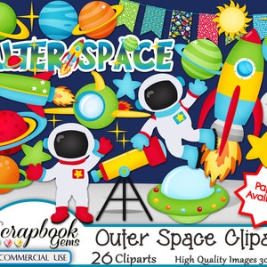 OUTER SPACE Clipart & Papers Kit, 26 png Clipart files, 20 jpeg Paper files, Instant Download, planets, solar system, astronaut, rocket ship image 3