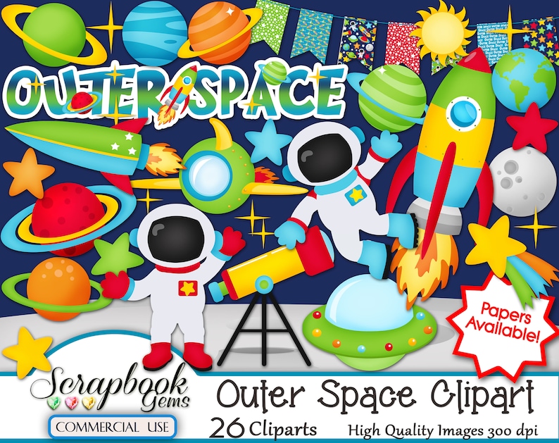 OUTER SPACE Clipart & Papers Kit, 26 png Clipart files, 20 jpeg Paper files, Instant Download, planets, solar system, astronaut, rocket ship image 3