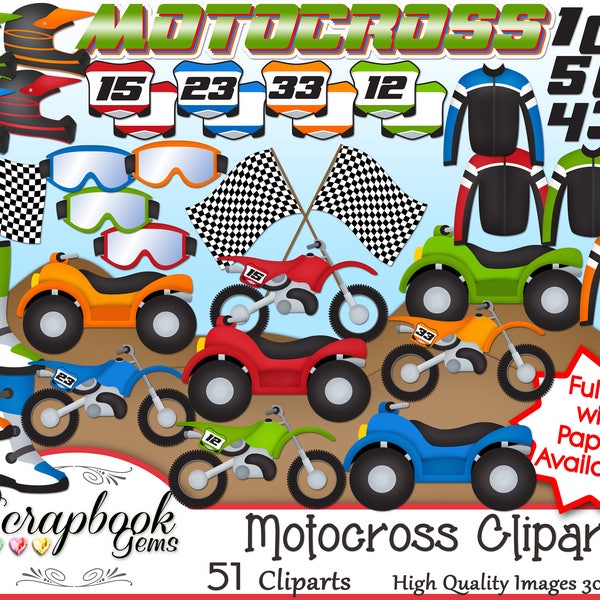 MOTOCROSS Clipart, 51 png Fichiers Clipart Téléchargement instantané checker drapeau pneus motocross casque moto vtt 4 roues dirt bike course