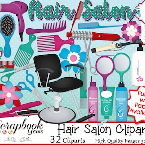May include: A collection of hair salon-themed clip art. Includes a black salon chair, scissors, combs, hair dryers, mirrors, shampoo and conditioner bottles, and styling products. The text "Hair Salon" and "Hair Salon Clipart" are visible.