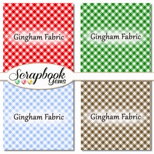 May include: Four squares of gingham fabric in red, green, blue, and brown. Each square has the words "Gingham Fabric" printed on it. The image also includes the words "Scrapbook Gems" in a decorative font.