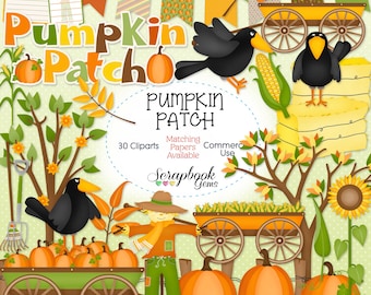 PUMPKIN PATCH Clipart, 30 png Clipart files Instant Download fall autumn pumpkin hay bale thanksgiving halloween crow scarecrow wagon corn