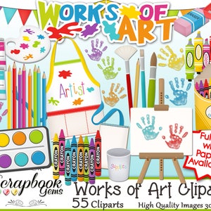 WORKS OF ART Clipart, 55 png Clipart files Instant Download crayon marker paint brush drawing easel kids drawings art supplies pencil school