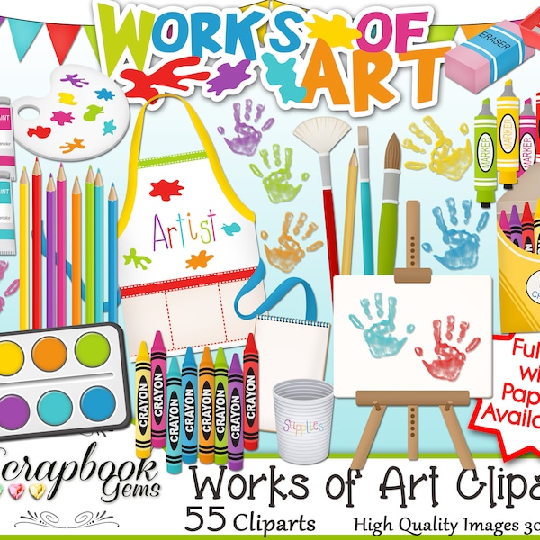 WORKS OF ART Clipart, 55 png Clipart files Instant Download crayon marker paint brush drawing easel kids drawings art supplies pencil school