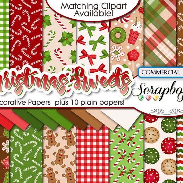 CHRISTMAS SWEETS Digital Papers, 24 Pieces, 12" x 12", High Quality JPEGs, Instant Download, bows, ribbon, candy cane, gingerbread, cookie