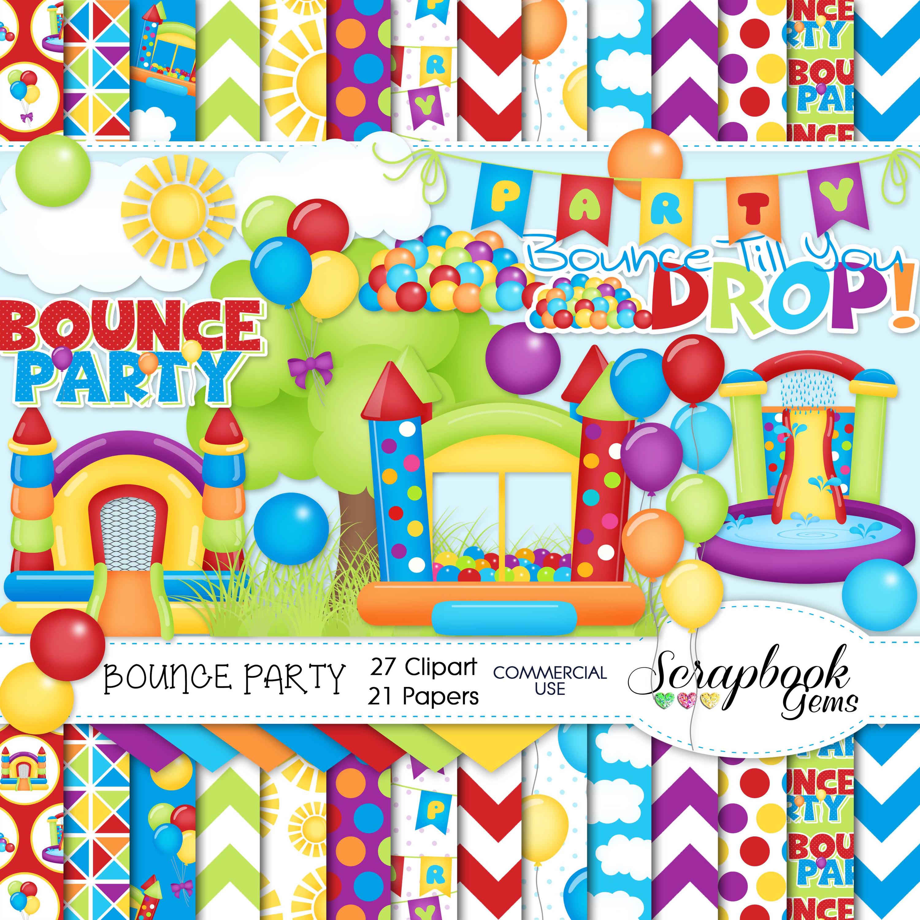 BOUNCE PARTY Clipart & Papers, 27 png Clipart files, 21 jpeg Paper files, Instant Download bounce house, balloon, birthday party, playground