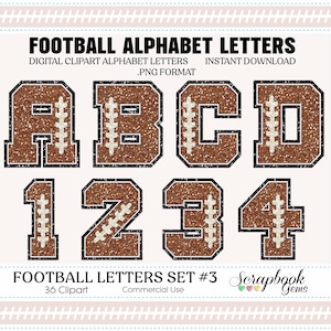 Football Sports Letters & Numbers Clipart, 36 High Quality PNG files, Instant Download Digital Clip Art sports alphabets glitter