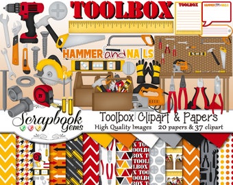 TOOLBOX Clipart and Papers Kit, 37 png Clip Arts, 20 jpeg Papers Instant Download hammer wrench screwdriver tools drill ruler tape measure