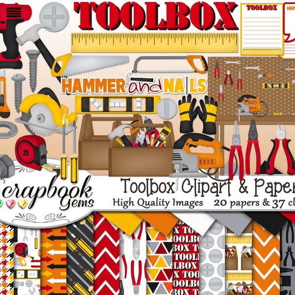 TOOLBOX Clipart and Papers Kit, 37 png Clip Arts, 20 jpeg Papers Instant Download hammer wrench screwdriver tools drill ruler tape measure