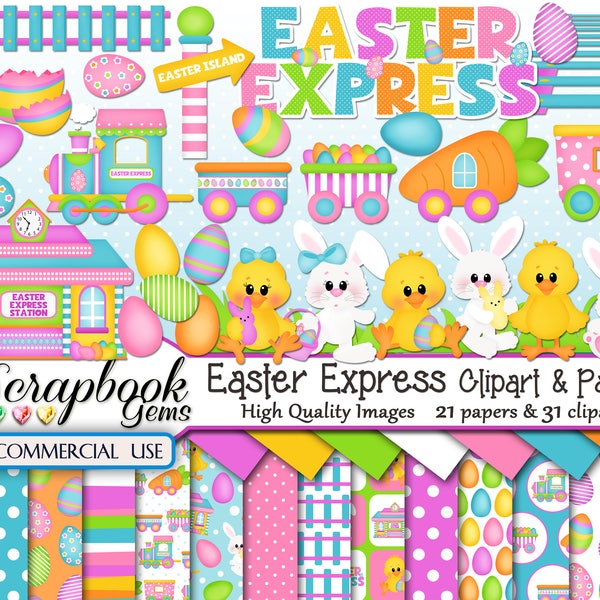 EASTER EXPRESS Clipart & Papers Kit, 31 png Fichiers Clipart, 21 fichiers jpeg Papier, Téléchargement instantané lapin lapin lapin train train peint oeufs