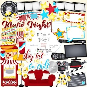 FILM NACHT Clipart, 30 png Clip Art Dateien Sofortiger Download Tags Couch Video Kamera TV DVD Player Popcorn Pizza Filmstreifen Flick Reel Süßigkeiten