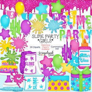 May include: A set of 29 digital clipart images for slime party girls. The images include stars, balloons, slime, paint splatters, a cake, a gift box, a glue bottle, and a jar of slime. The images are in bright colors and have a glittery texture.
