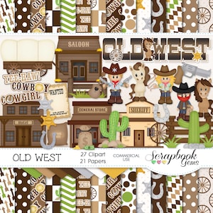 OLD WEST Cowboy Clipart & Papers Kit, 27 file clipart png, 21 file cartacei jpeg, download immediato, western, carro coperto, saloon, pistola