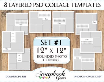 Rounded Corner Photo Templates SET 1, Eight 12" x 12" Pocket Digital Scrapbook Layered PSD Format collage photoshop digiscrap blogboard
