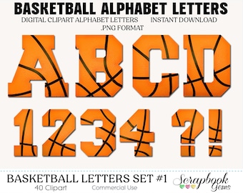 Sports Basketball Letters & Numbers Clipart, 40 High Quality PNG files, Instant Download Digital Clip Art