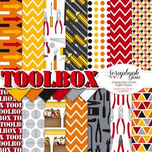 TOOLBOX Digital Papers, 20 pezzi, 12" x 12", JPEG di alta qualità Download immediato pinze cacciavite sega martello chiodi viti chiave inglese strumenti