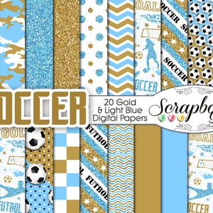 SOCCER Futbol Digital Papers Light Blue & Gold 20 Pieces, 12&quot; x 12&quot;, High Quality JPEG files Instant Download Commercial manchester england