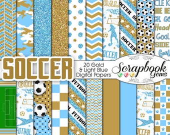 May include: Twenty digital papers in gold and light blue with soccer themes. The papers feature various patterns, including chevron, camouflage, polka dots, and soccer balls.
