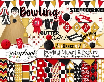 BOWLING Clipart and Papers Kit, 22 png Clip arts, 18 jpeg Papers Instant Download bowl bowling alley pins ball strike spare soda banner flag