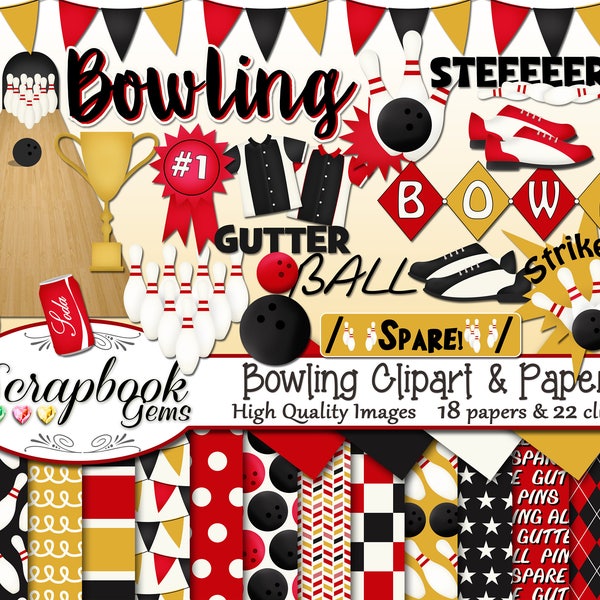 BOWLING Clipart en Papers Kit, 22 png Clip arts, 18 jpeg Papers Instant Download bowl bowlingbaan pins bal strike reserve soda banner vlag