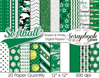 SOFTBALL Digital Papers Green, White, & Black, 20 Pieces, 12" x 12", High Quality JPEG files, Instant Download Commercial Sports digiscrap